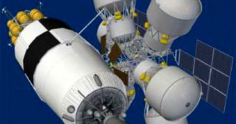 This is an orbital refueling station designed by Boeing, seen here fueling a rocket meant for deep-space exploration