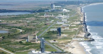 An overview of the NASA Wallops Flight Center, in Virginia, showing launch pads