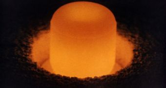 Plutonium-238 glowing under its own heat