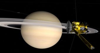 Snapshot showing the Cassini orbiter around Saturn, as seen in Eyes on the Solar System