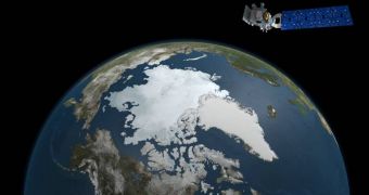 A rendering of the NASA ICESat-2 satellite in near-polar orbit around Earth