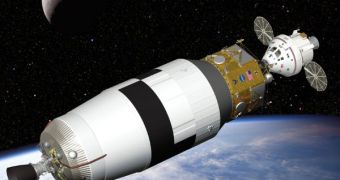 Artist's rendering of ARES V's Earth Departure Stage (EDS), in white, coupled with the Altair Lunar Lander, in dark orange, and the Orion Crew Exploration Vehicle, in white