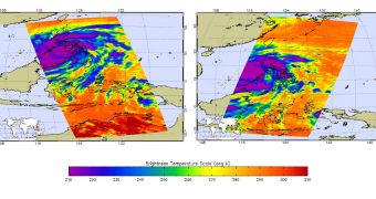 Aqua's AIRS instrument captured these images of Typhoon Haiyan on November 7 and November 8, 2013