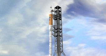 Artistic impression of the Ares I rocket on the launchpad
