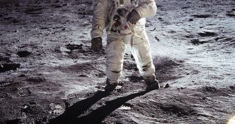 Buzz Aldrin walking on the surface of the Moon