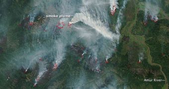 August 28, 2012 MODIS image showing widespread wildfires in Siberia