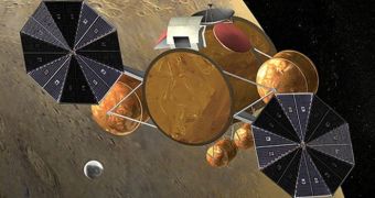 This rendition shows a container carrying Martian samples, as it docks to a thurster that will deliver it back to Earth