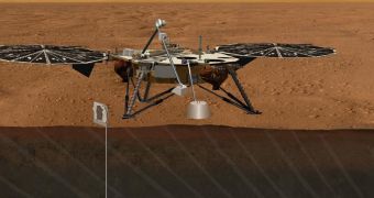 This rendition shows the Geophysical Monitoring Station mission conducting studies on the surface of Mars