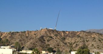 This is the LDSD project's testing rig on the hills overlooking JPL