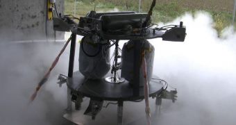 The robotic lander prototype's propulsion system, shown during a hot-fire test