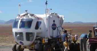 A photo of LER, NASA's new lunar rover, during field tests in the Arizona desert