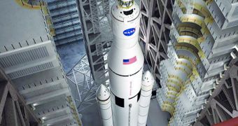 Artist's rendering of the SLS being stacked inside the VAB