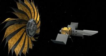 Snapshot from an animation showing how the starshade unfurls in space