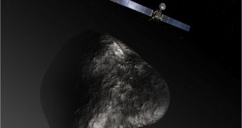 Rendering of Rosetta approaching comet 67P/Churyumov-Gerasimenko