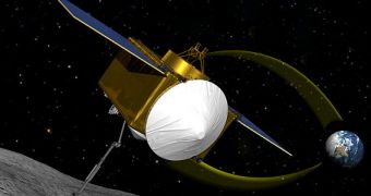 Artist's rendering of OSIRIS-REx in orbit around asteroid Bennu