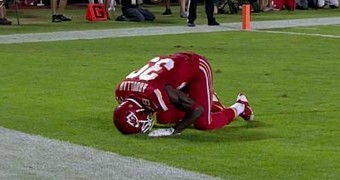 Husain Abdullah seen here praying, moments before he was penalized by referees for unsportsmanlike conduct