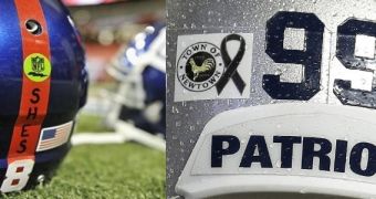 The Giants, Jets and the Patriots wore decals such as these ones on their helmets, honoring the victims at Sandy Hook Elementary in Newtown