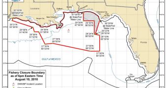 Map showing the closed fishing area in the Gulf of Mexico