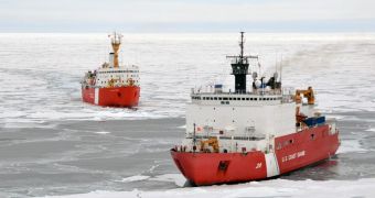 The US Coast Guard Cutter Healy (foreground) and Canadian Coast Guard Ship Louis S. St-Laurent (background) work together on an Arctic Ocean survey in 2011