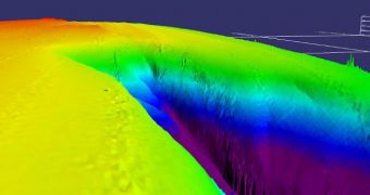 This mulitbeam sonar image shows the San Andreas Fault cutting through the head of Noyo Canyon, offshore approximately 12 miles northwest of Fort Bragg, California