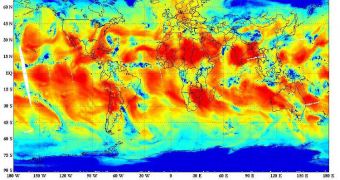 Atmospheric water vapor concentrations on November 8, 2011, as seen by the NPP ATMS instrument