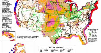 Map showing estimated wind resources and existing power transmission lines for the United States (2007)
