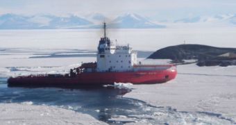 This is the diesel icebreaker Vladimir Ignatyuk, chartered by the NSF from the Murmansk Shipping Company, of Russia