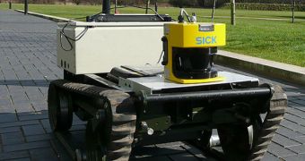 A LIDAR system (yellow box) mounted on a robot