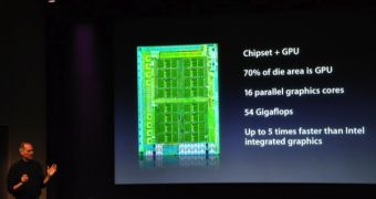 Apple's CEO, Steve Jobs, explaining the benefits of the new integrated NVIDIA GPUs