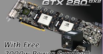 A fake photo of a GeForce GTX280 GX2 graphics card