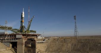 A Soyuz rocket on its launch pad in Kazakhstan