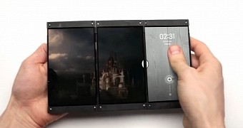 Three smartphones making up one big tablet