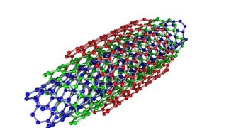 This is a model of a multi-walled carbon nanotube, of the type used in creating the new transistors