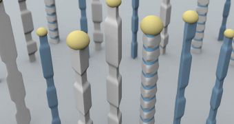 Nanowires fabricated using the new techniques developed at MIT have varying widths, profiles, and composition along their lengths (different colors are used to indicate compositional variations)