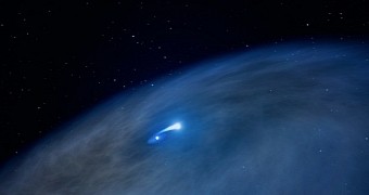 Artist's depiction of a disk of gas surrounding a massive, bright Wolf-Rayet star