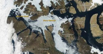 In late August 2009, ice clogged some but not all of the Northwest Passage, and snow had retreated from most of the islands in the Canadian Arctic Archipelago