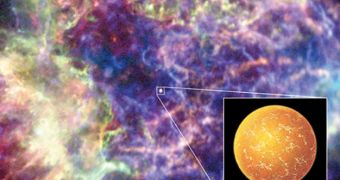 The neutron star (illustration, inset) at the center of the remains of the Cassiopeia A supernova may have a core filled with a strange frictionless fluid, new research suggests