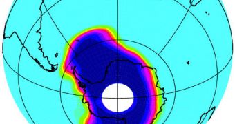 Map of chlorine monoxide, the primary agent of ozone destruction in the Antarctic 'ozone hole,' as measured by the Microwave Limb Sounder instrument on NASA's Aura satellite