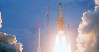 Ariane 5 soaring to the skies, carrying the NSS 12 and THOR 6 communications satellites