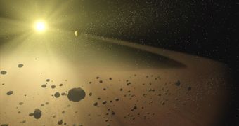 Artistic impression of the asteroid belt in orbit around the Sun