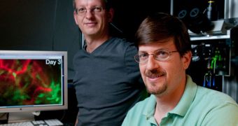 Mark Schnitzer (right) and Juergen Jung, operations director of the Schnitzer lab, in front of the new microscope setup used to image the deep brain