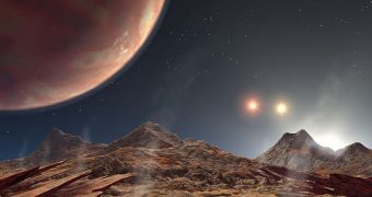 Rendition of a binary star system, as seen from the moon of an exoplanet orbiting it