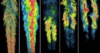 These images have been generated by a computer simulation of flames produced by a jet of gas of the sort that generates heat energy in fuel-injected automotive engines. Such simulations will help researchers better understand small-scale combustion proces