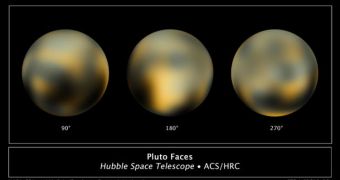 The Hubble telescope reveals Pluto as having alternating dark and bright spots on its surface