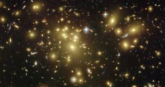 Strong, gravitational lensing as observed by the Hubble Space Telescope in Abell 1689 indicates the presence of dark matter