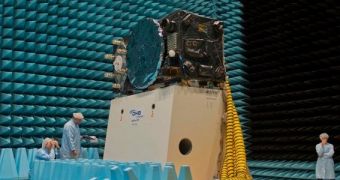 One of ESA's new Galileo satellites, seen here before the start of thermal-vacuum tests at ESTEC