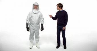 A screenshot from the "Biohazard Suit" ad
