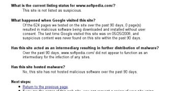 Google Safe Browsing diagnostic page for Softpedia.com
