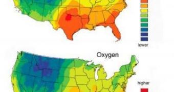 These maps show average hydrogen (top) and oxygen (bottom) isotope levels in human hair across US. The ratios of hydrogen-2 to hydrogen-1 are highest in red areas, and lowest in the darker green areas. The same for oxygen-18 to oxygen-16.