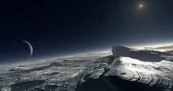 Artist's impression of the surface of Pluto, showing the Sun and Charon